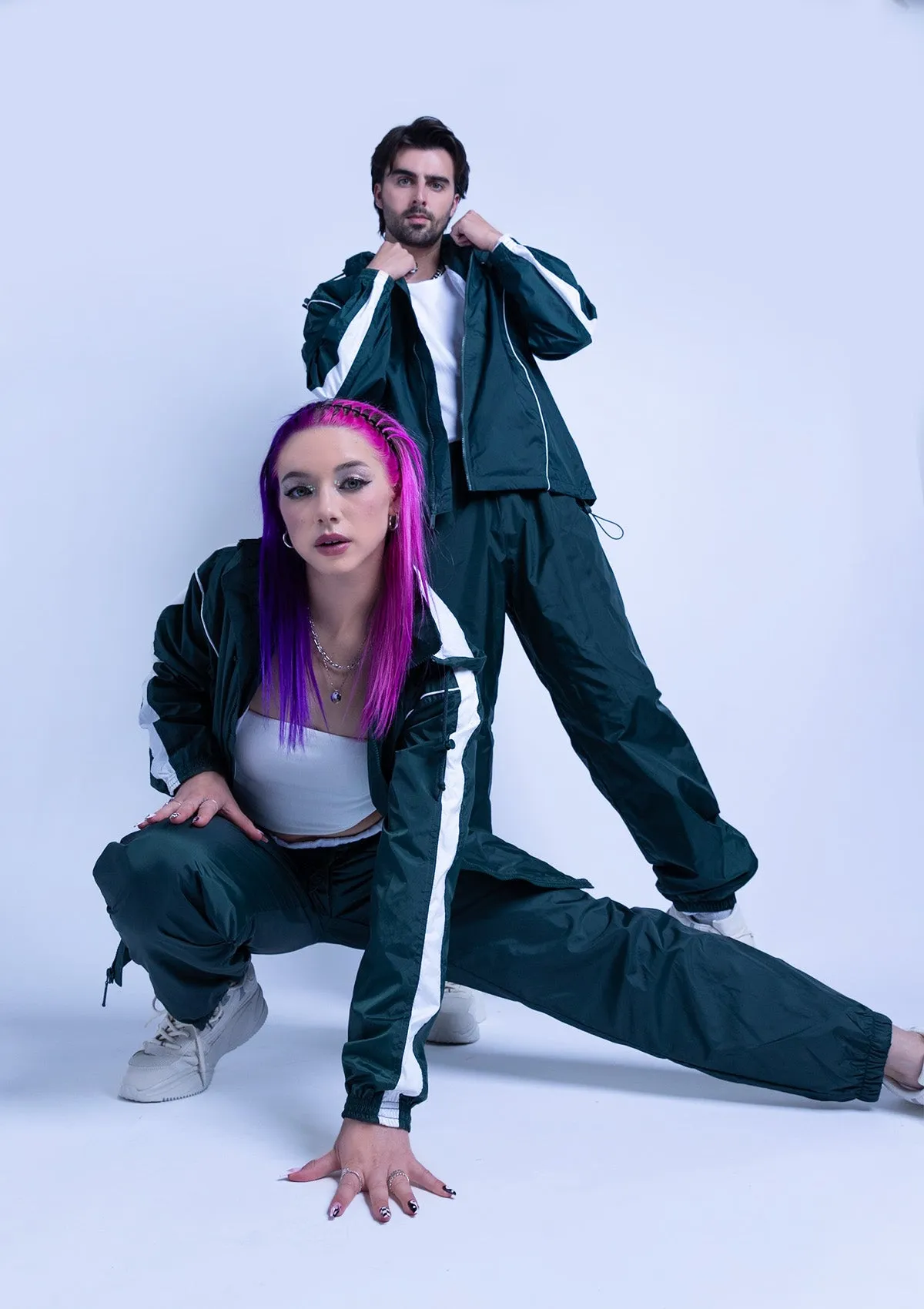 2600S Unisex Full Zipper Taffeta Nylon Tracksuit Jacket and Sweatpants Set with White Piping - Hunter Green