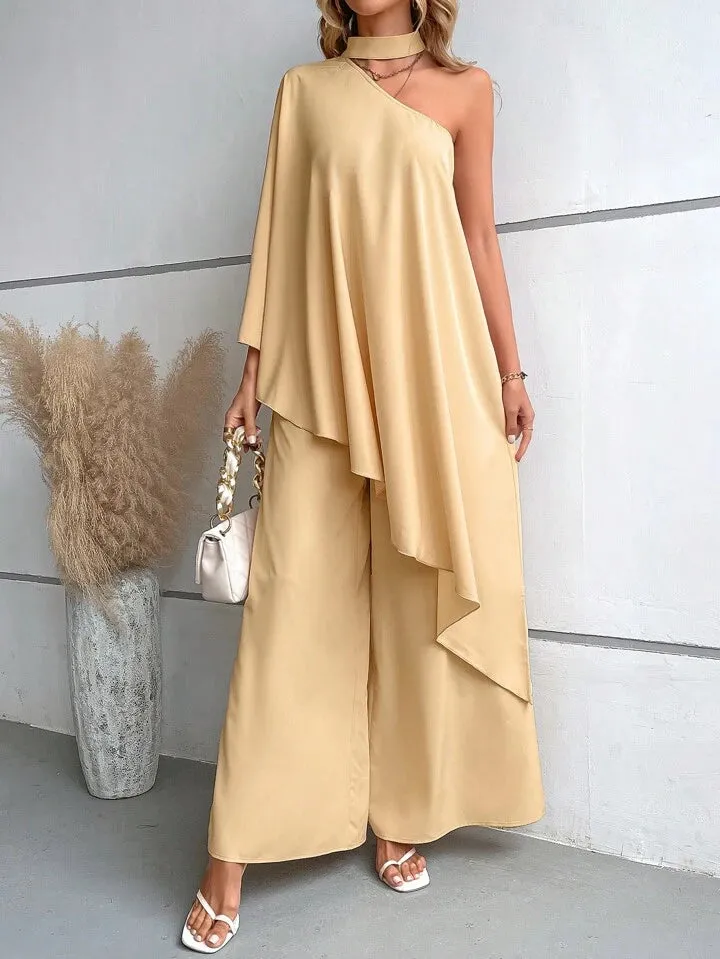 Asymmetrical neck cloak sleeve top & wide leg trousers