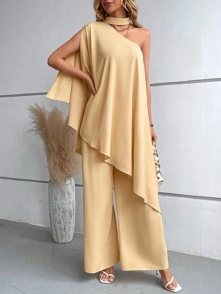 Asymmetrical neck cloak sleeve top & wide leg trousers