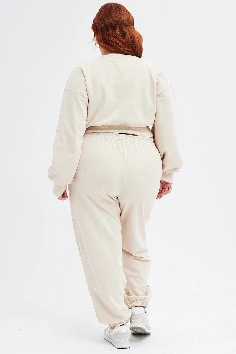 Beige Track Pants High Rise Jogger