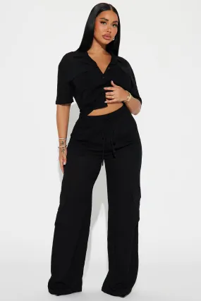 Breezy Paradise Linen Cover Up Cargo Pants Set - Black