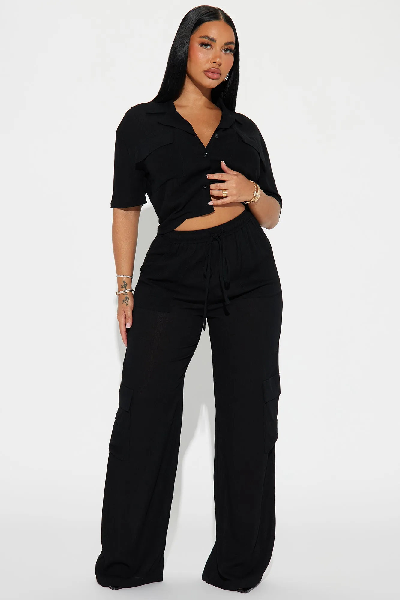 Breezy Paradise Linen Cover Up Cargo Pants Set - Black