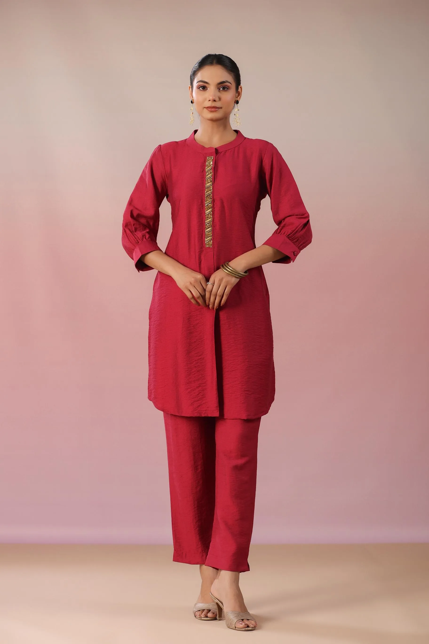 Cardinal Red Embellished Lotus Silk Co-Ord Set