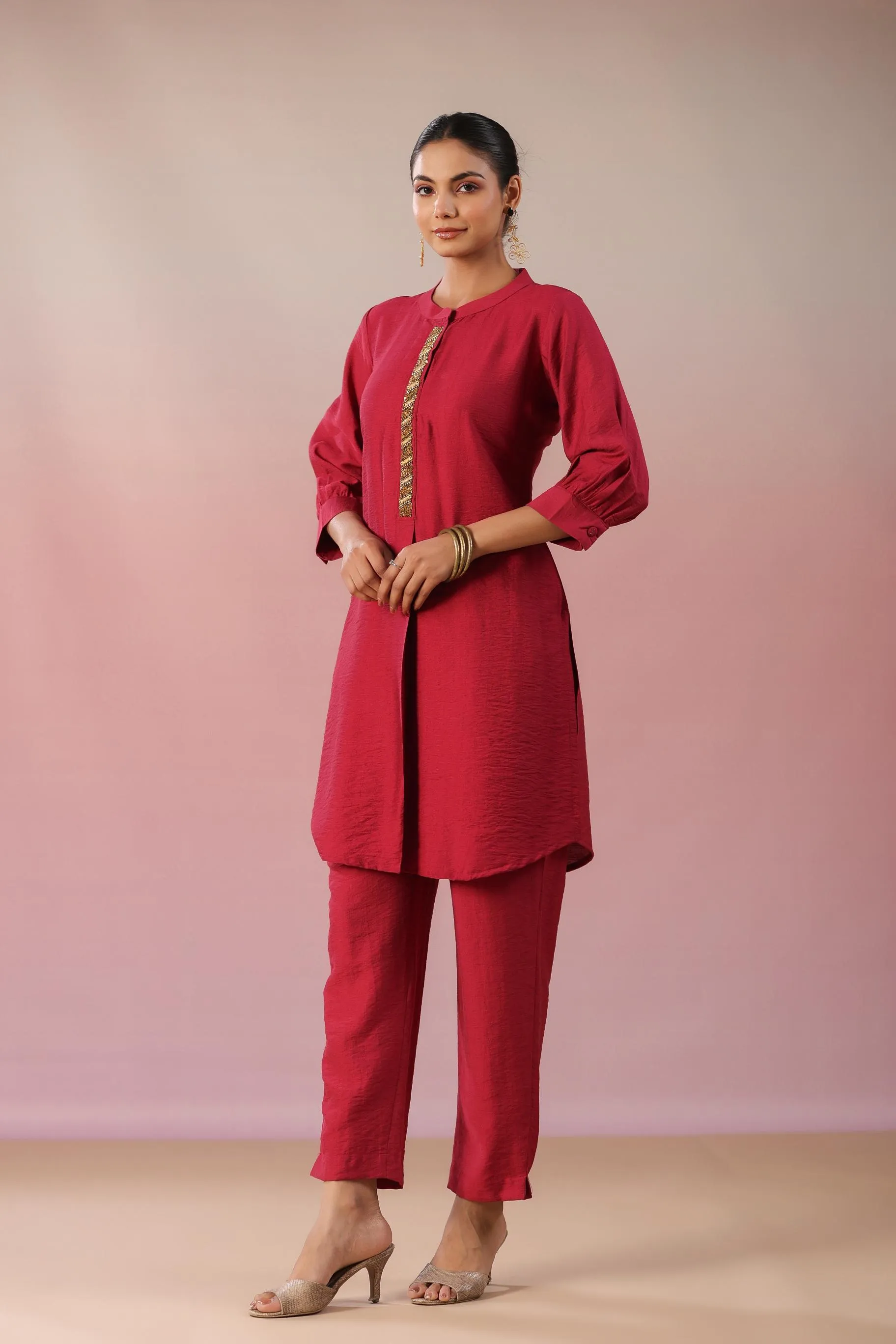 Cardinal Red Embellished Lotus Silk Co-Ord Set