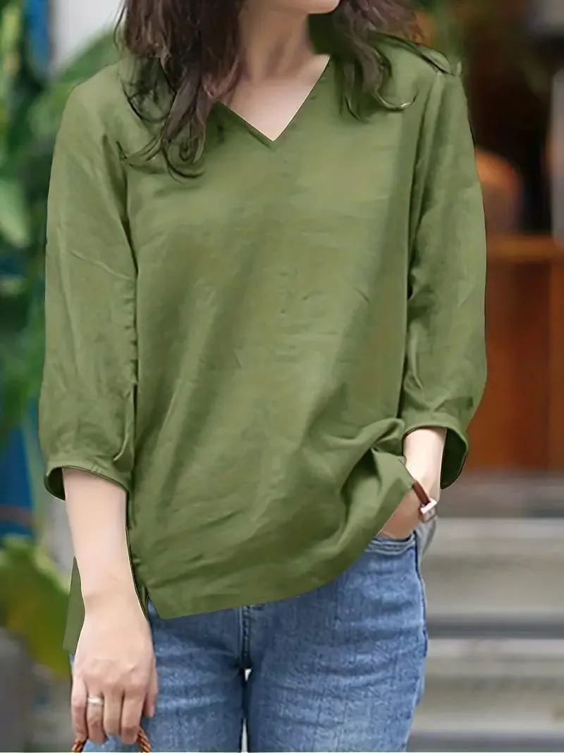 Casual V Neck Solid Simple Blouse 2XL S4567432