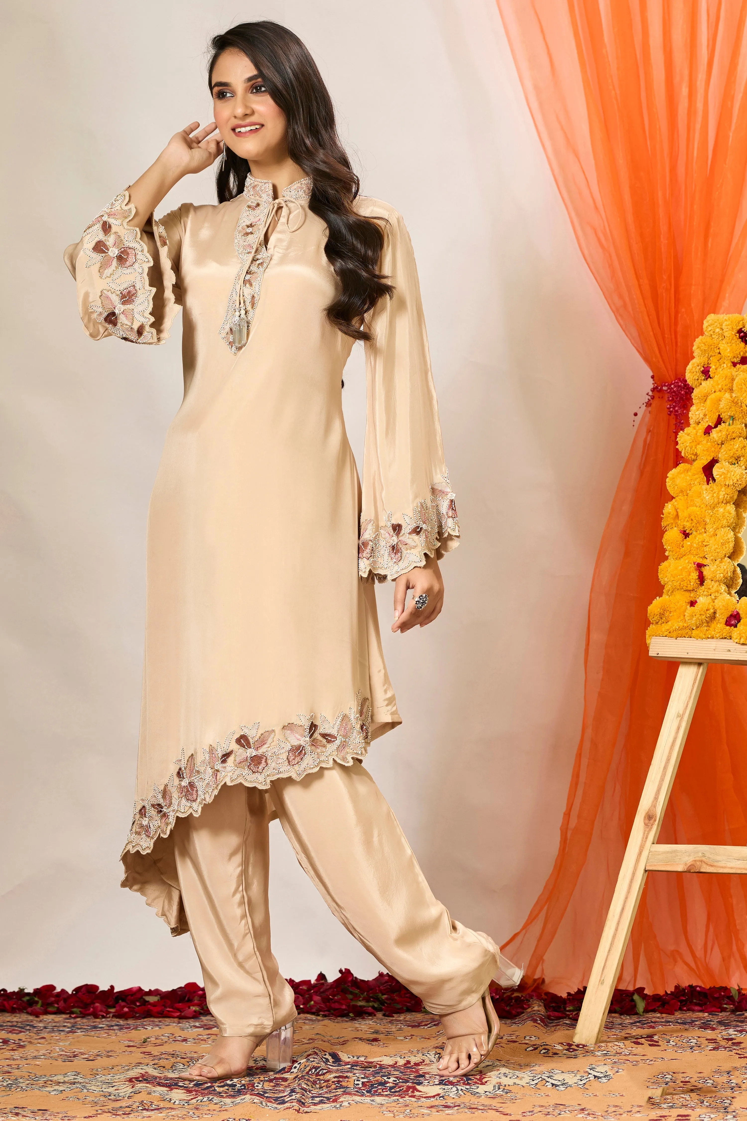 Cream Embroidered Crepe Silk Kurta & Pants Set