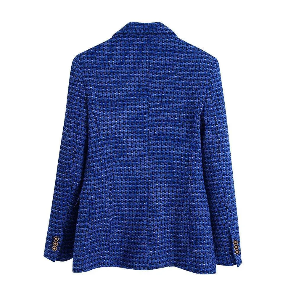 Dark Blue Tweed Blazer Women - Casual - Plaid