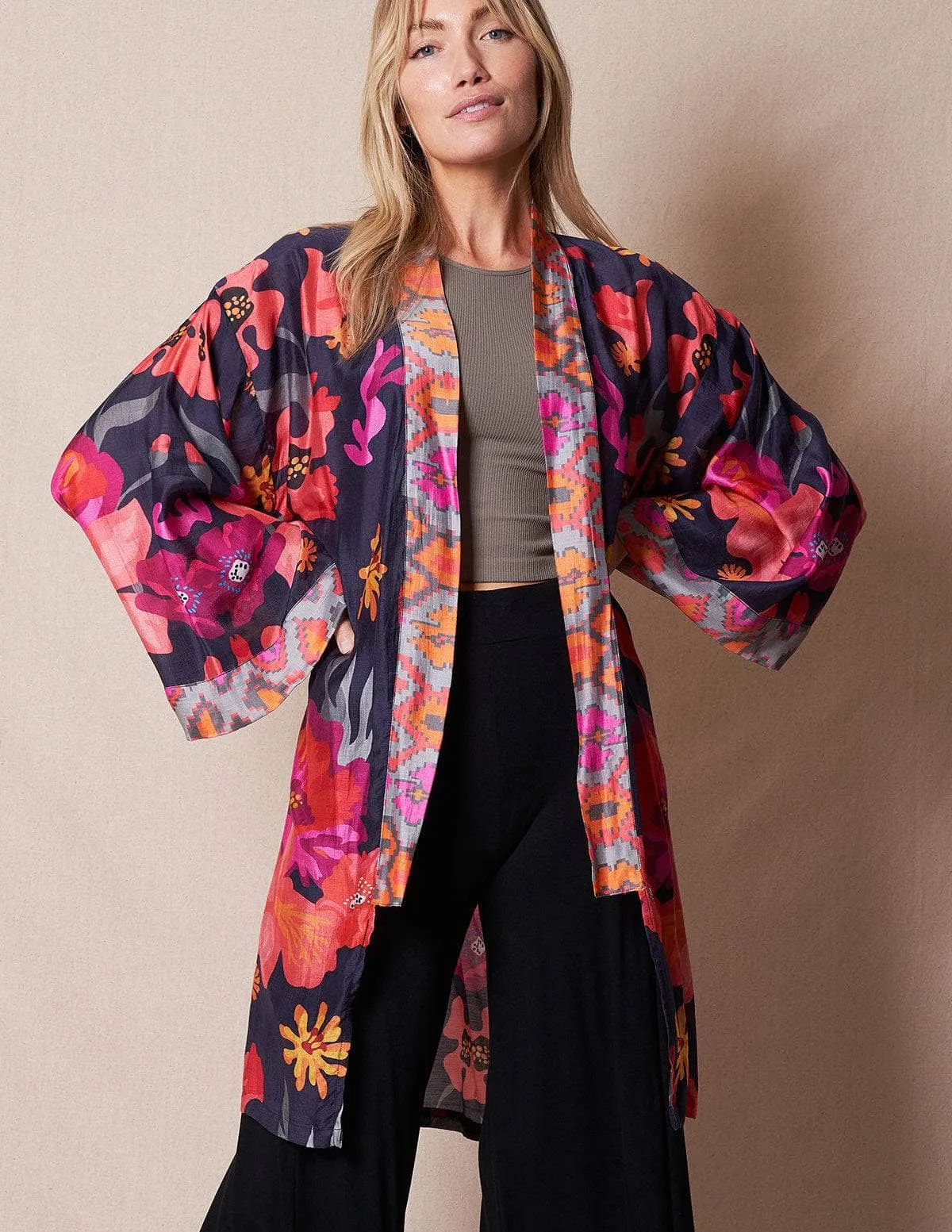 Fair Trade Open Kimono Wrap - Navy Floral