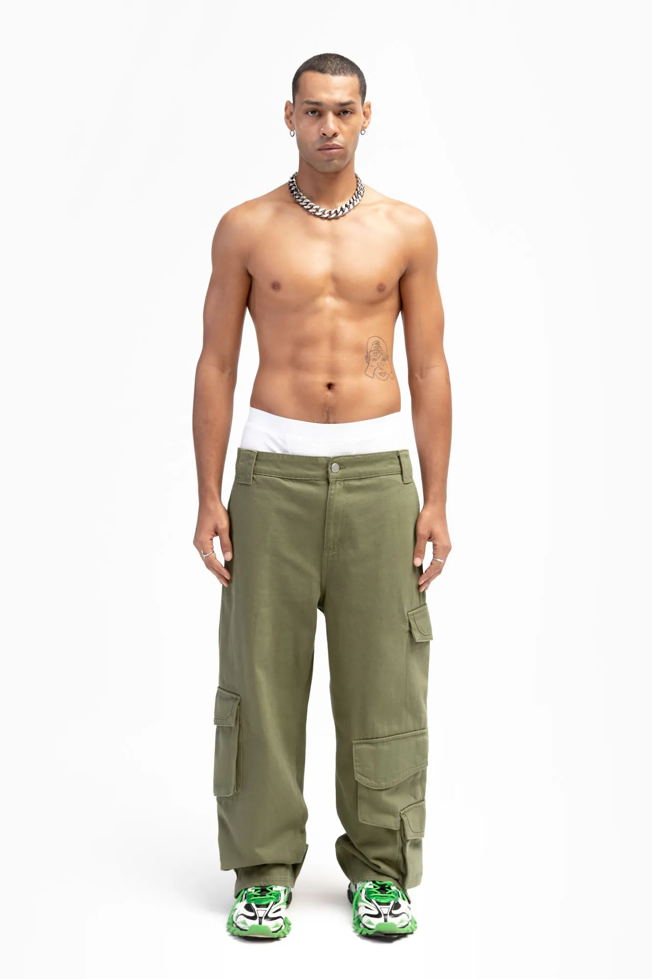 FIVE POCKET OLIVE CARGO PANTS