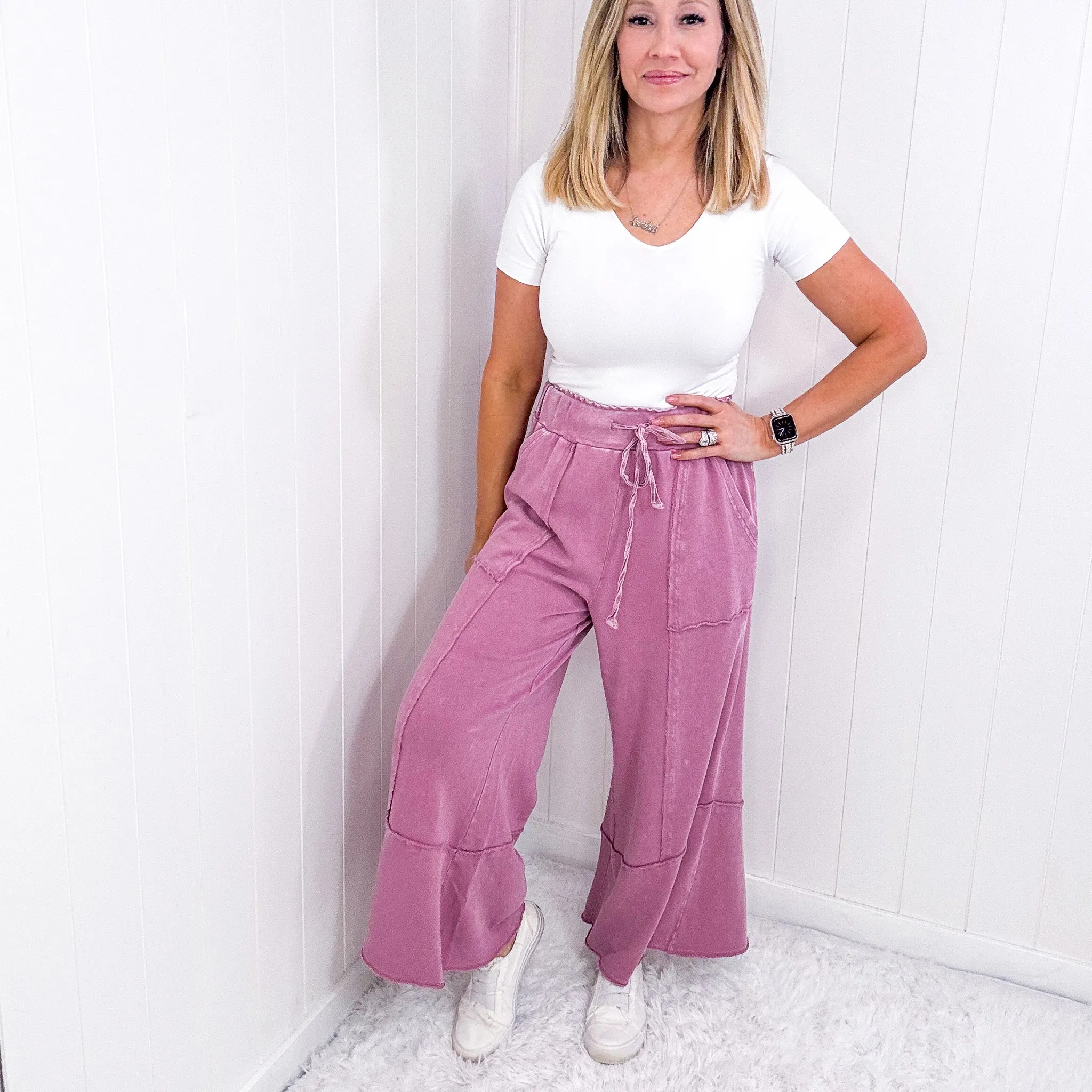 Going Easy on the Weekend Terry Knit Super Wide Leg Pull On Pants in 7 Colors