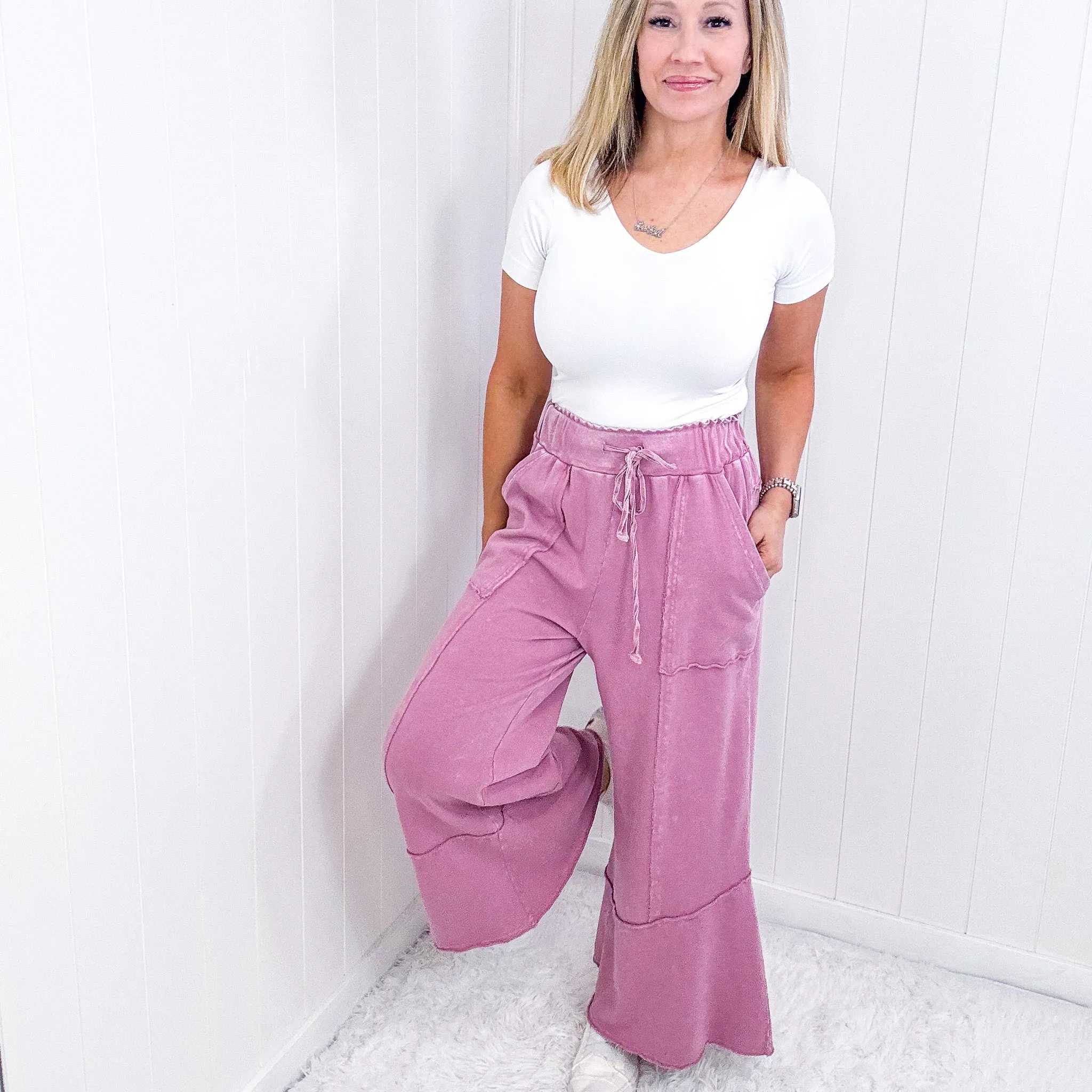 Going Easy on the Weekend Terry Knit Super Wide Leg Pull On Pants in 7 Colors