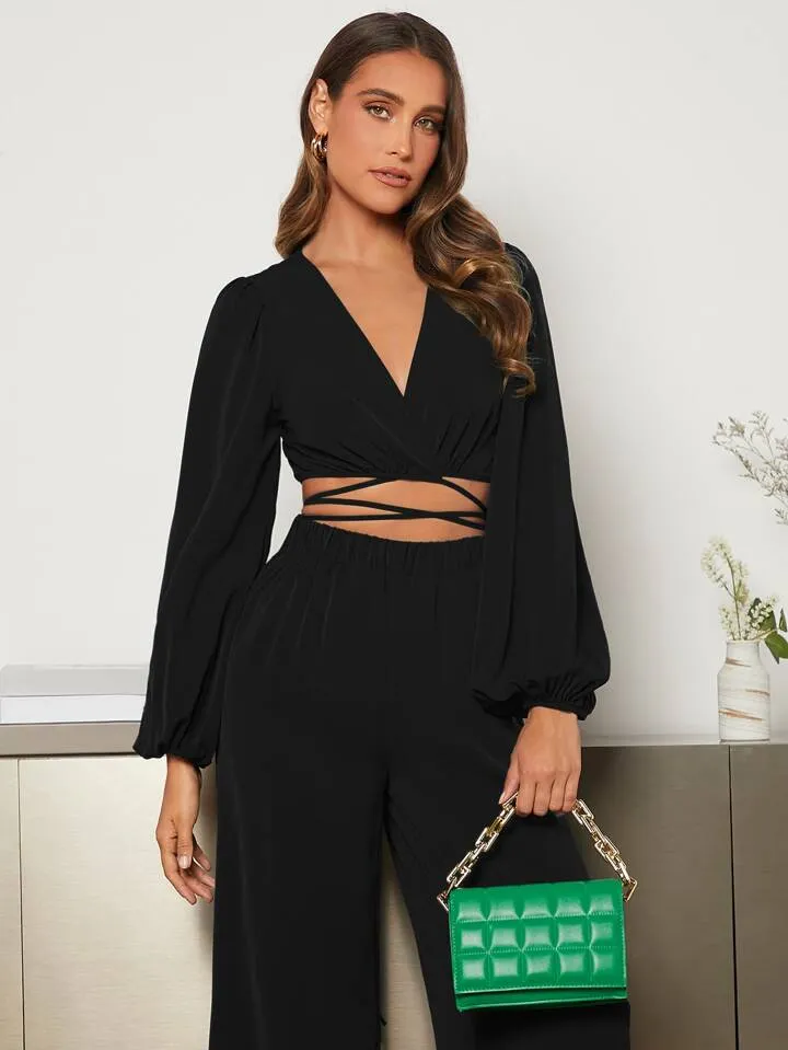 Lantern Sleeve Wrap Knot Back Crop top & Wide Leg trousers in black