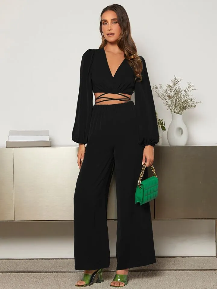 Lantern Sleeve Wrap Knot Back Crop top & Wide Leg trousers in black