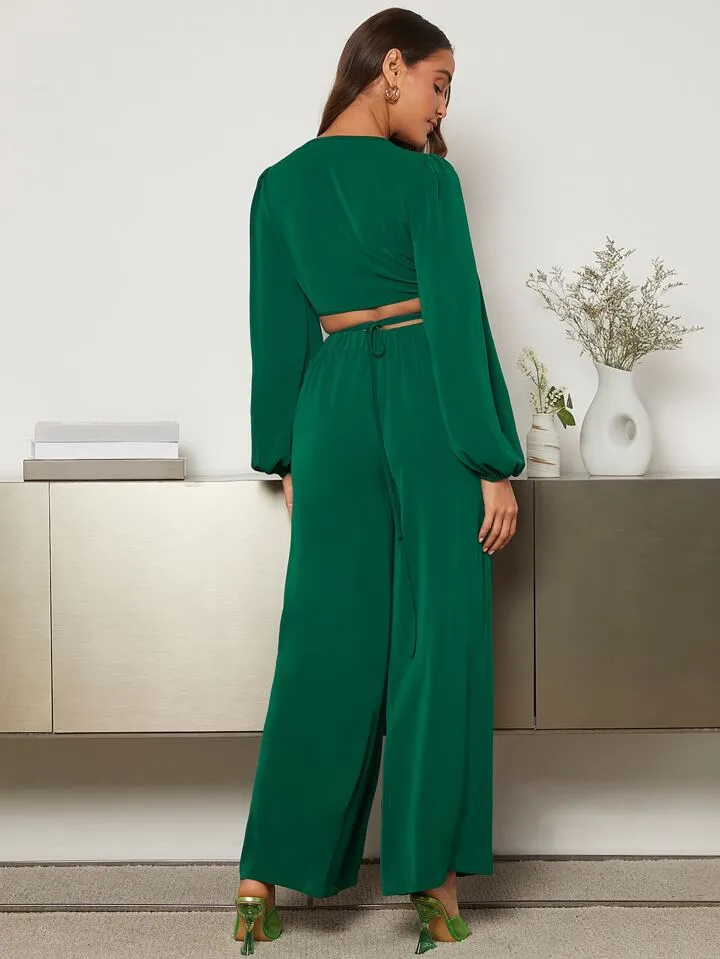 Lantern Sleeve Wrap Knot Back Crop top & Wide Leg trousers in green