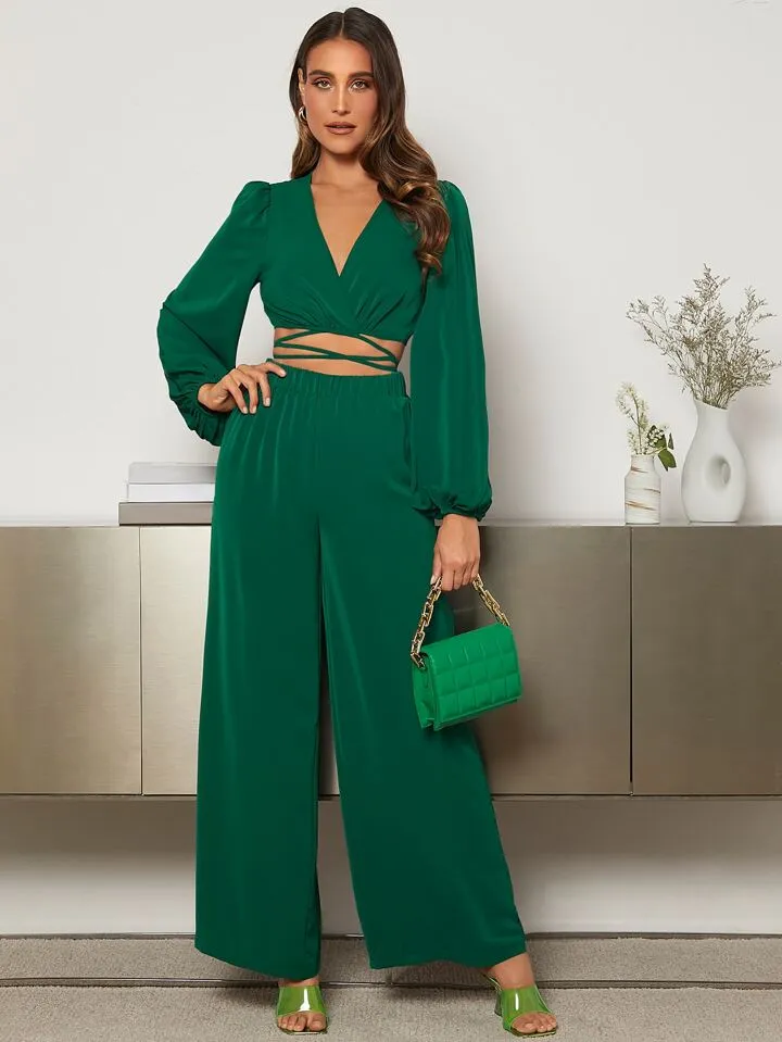 Lantern Sleeve Wrap Knot Back Crop top & Wide Leg trousers in green