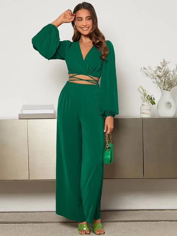 Lantern Sleeve Wrap Knot Back Crop top & Wide Leg trousers in green