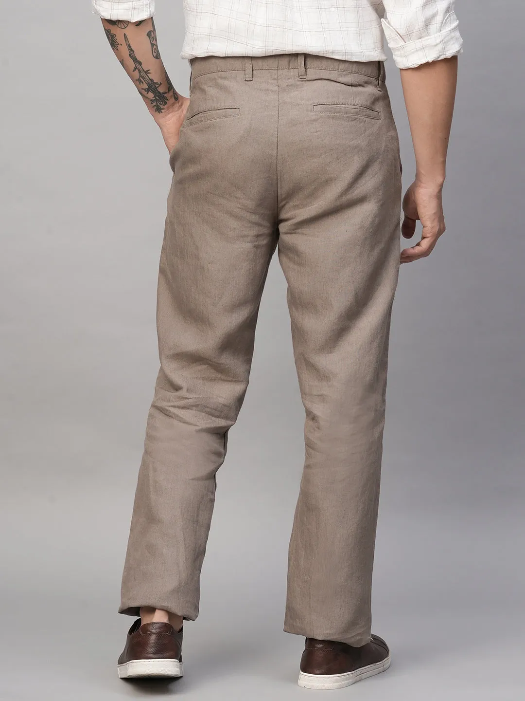 Men's Lt Brown 100% Linen Regular Fit Pant