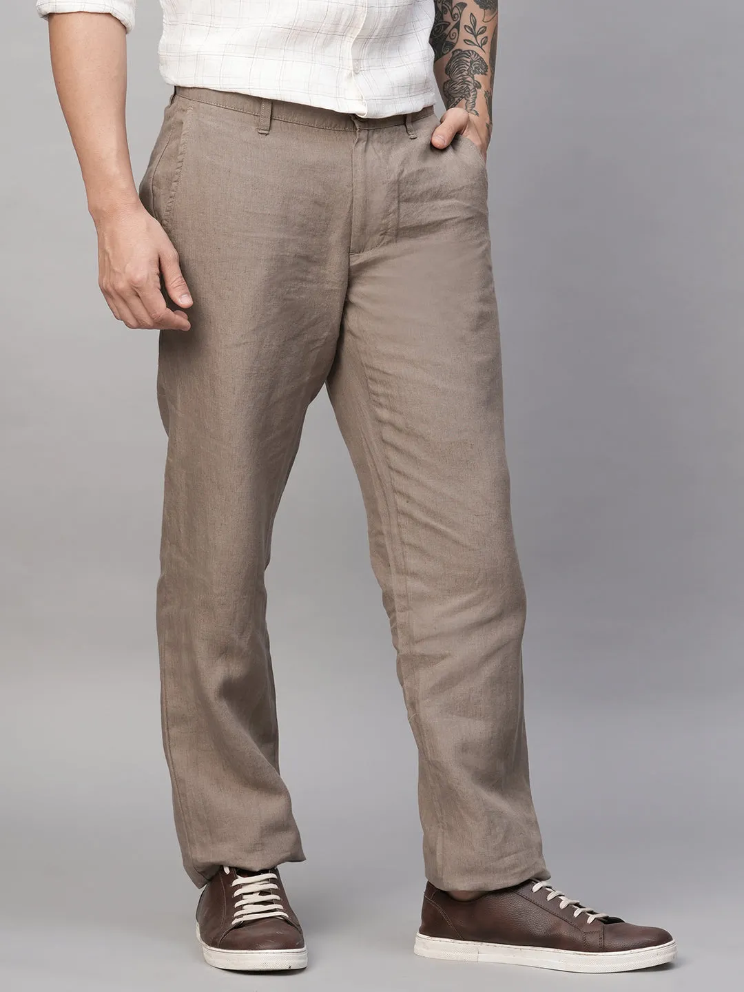 Men's Lt Brown 100% Linen Regular Fit Pant