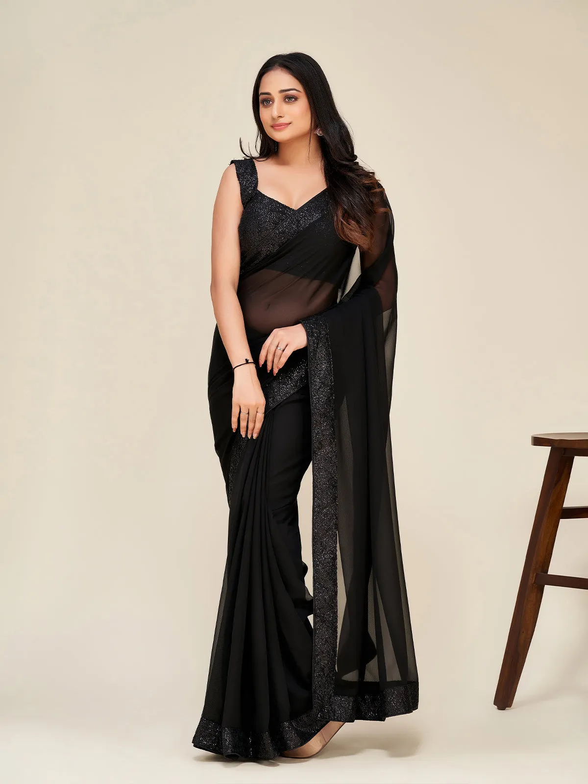 Odette Women Black Georgette Embellished Saree With Unstitched Blouse