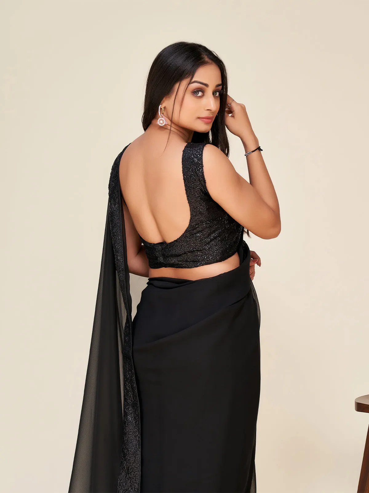 Odette Women Black Georgette Embellished Saree With Unstitched Blouse