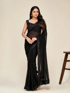 Odette Women Black Georgette Embellished Saree With Unstitched Blouse