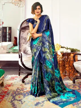 Odette Women Blue Festive Crepe Printed Saree With Unstitched Blouse