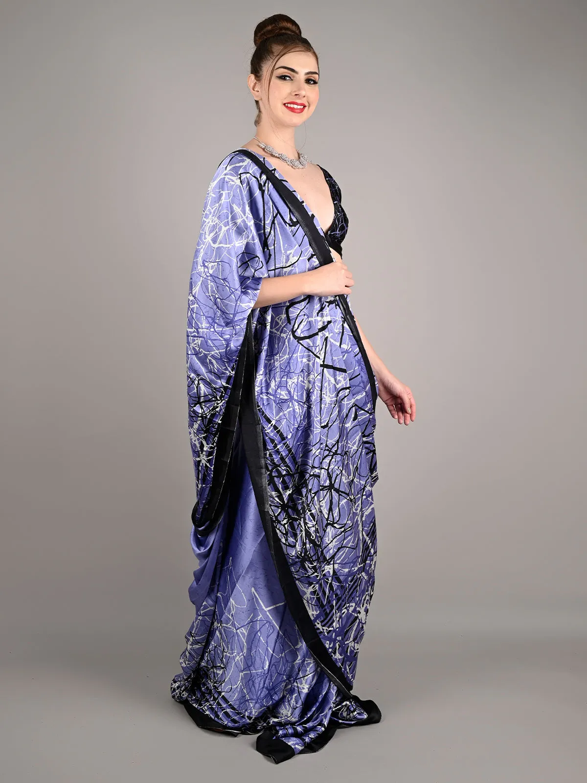 Odette Women Blue Satin Crepe Digital Print Saree With Unstitched Blouse