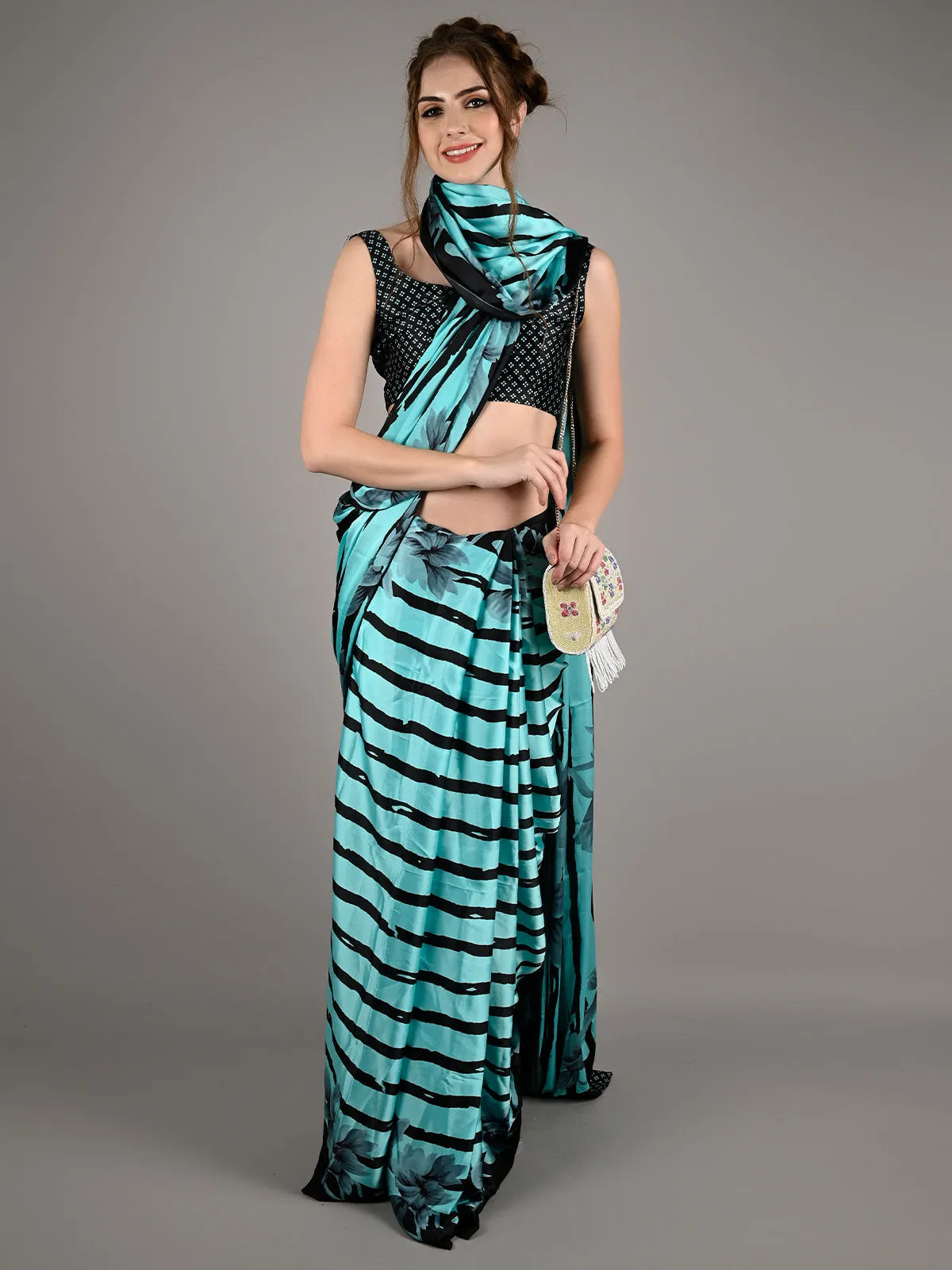 Odette Women Blue Satin Crepe Stripes Saree With Unstitched Blouse