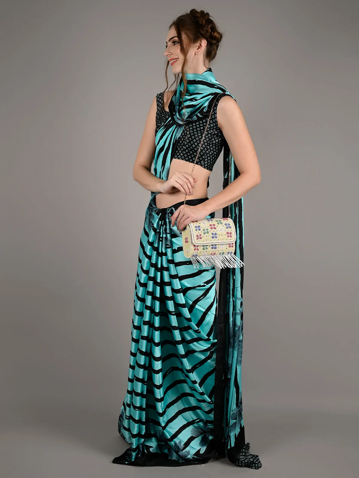 Odette Women Blue Satin Crepe Stripes Saree With Unstitched Blouse