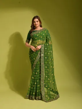 Odette Women Green Georgette Designer Saree With Unstitched Blouse