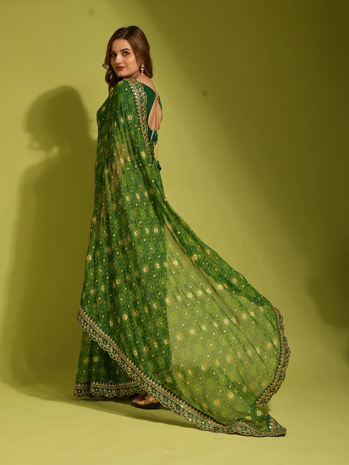 Odette Women Green Georgette Designer Saree With Unstitched Blouse