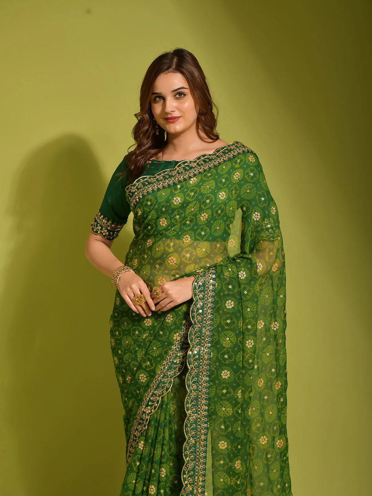 Odette Women Green Georgette Designer Saree With Unstitched Blouse