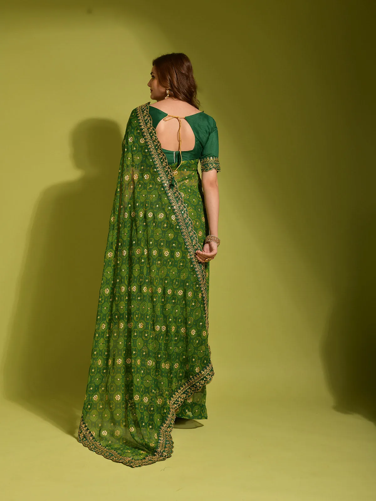 Odette Women Green Georgette Designer Saree With Unstitched Blouse