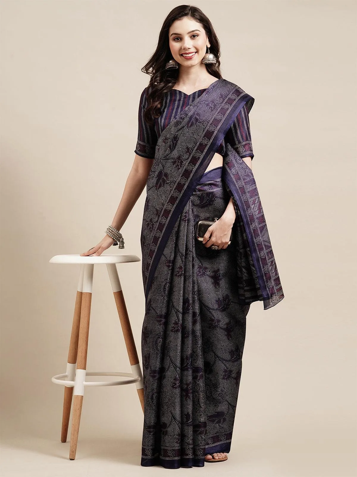 Odette Women Navy Blue Casual Bhagalpuri Silk Printed Saree With Unstitched Blouse