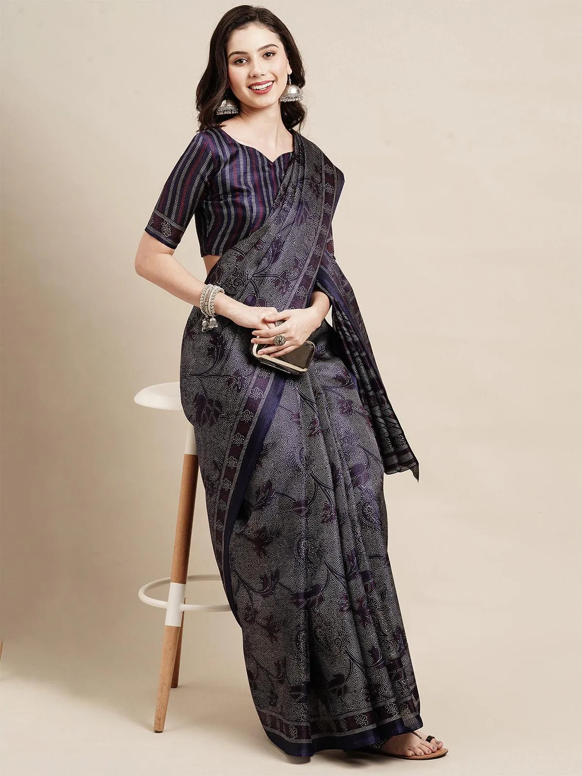 Odette Women Navy Blue Casual Bhagalpuri Silk Printed Saree With Unstitched Blouse