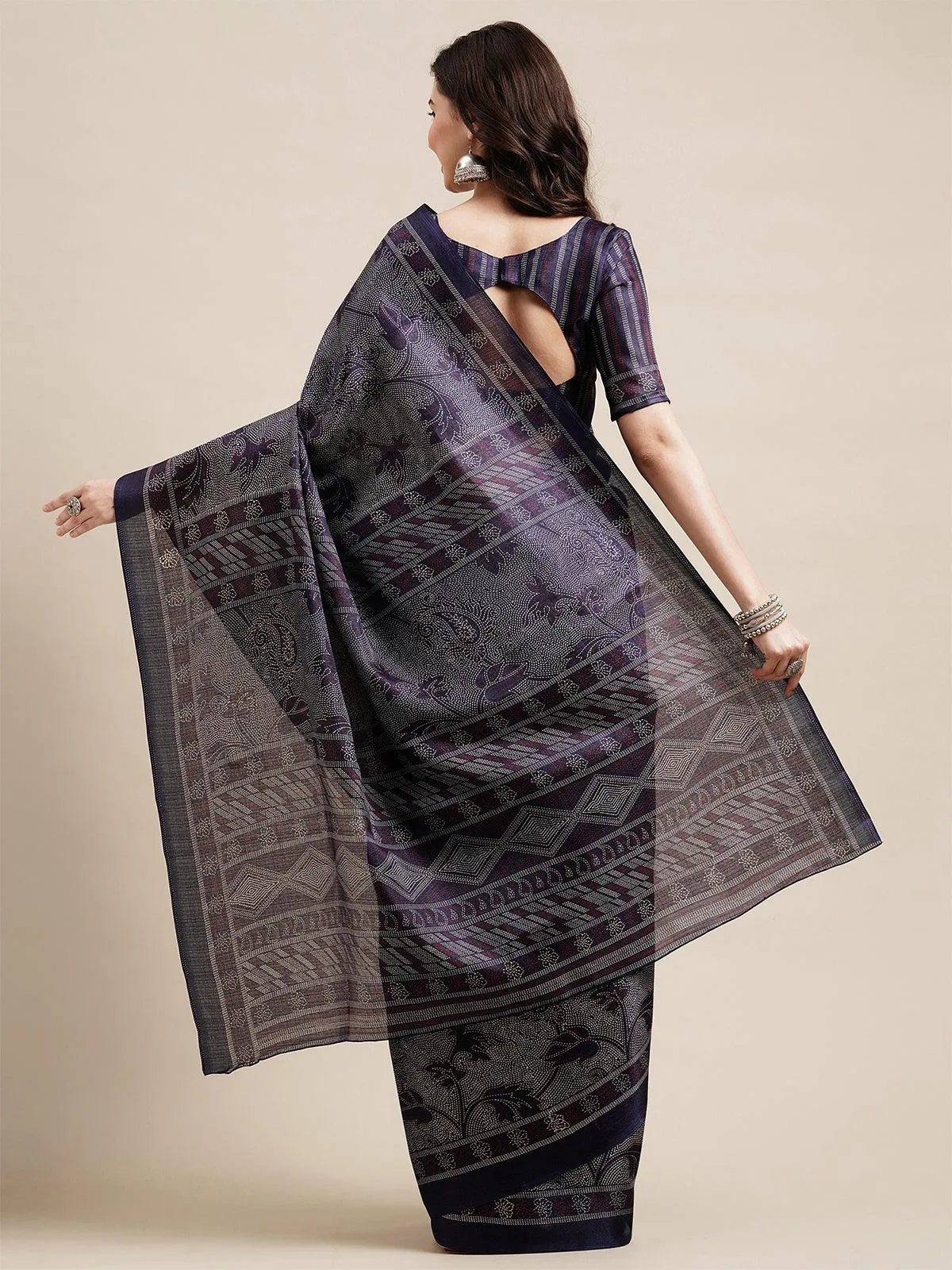 Odette Women Navy Blue Casual Bhagalpuri Silk Printed Saree With Unstitched Blouse