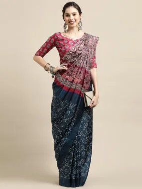 Odette Women Navy Blue Festive Silk Blend Printed Saree With Unstitched Blouse