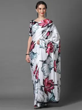 Odette Women Off White Casual Crepe Printed Saree With Unstitched Blouse