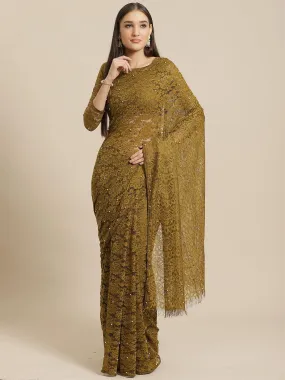 Odette Women Olive Green Party Wear Net(Super Net) Solid Saree With Unstitched Blouse