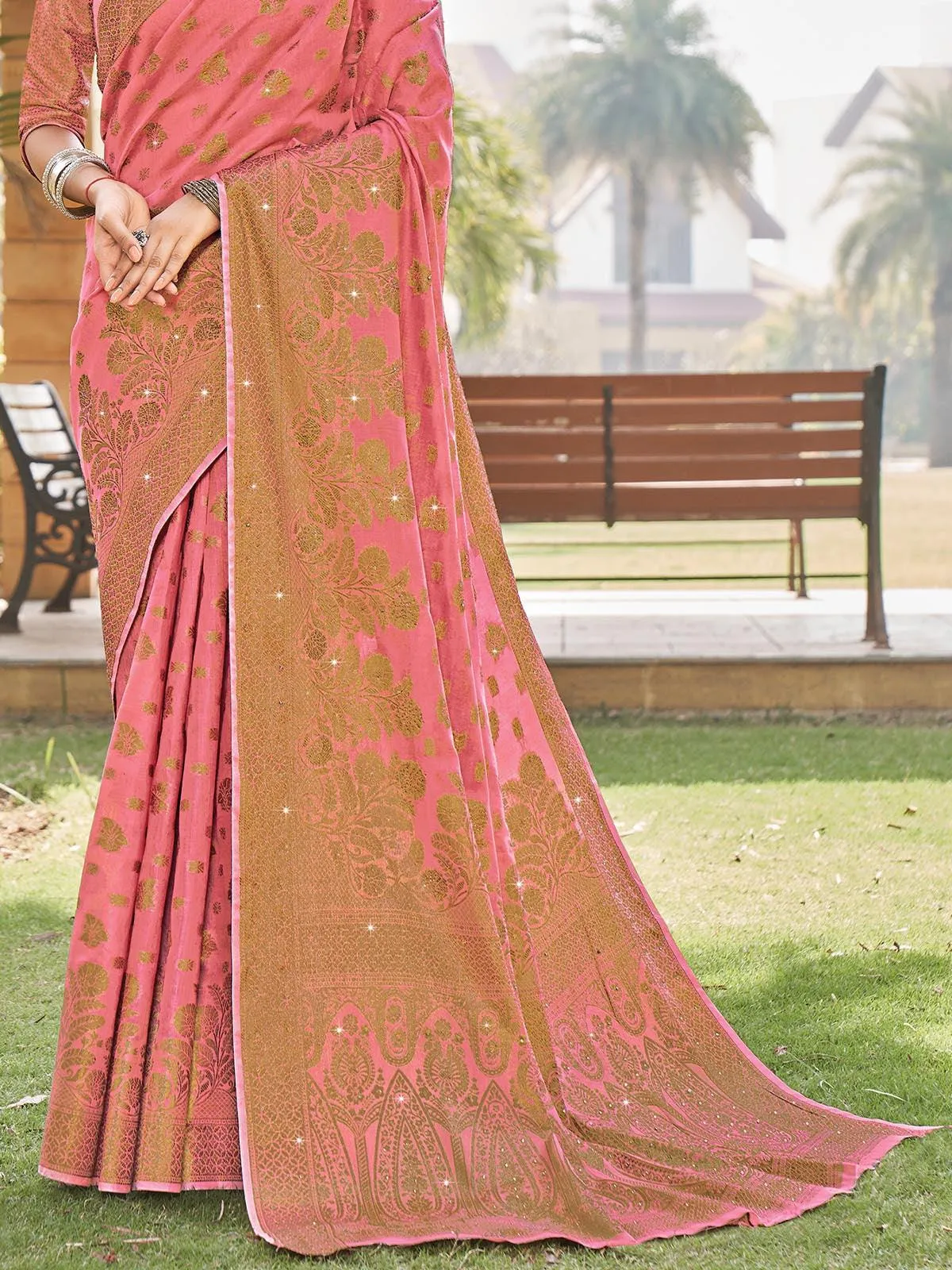 Odette Women Pink Cotton Heavy Zari Woven Designer Stone Saree With Unstitched Blouse