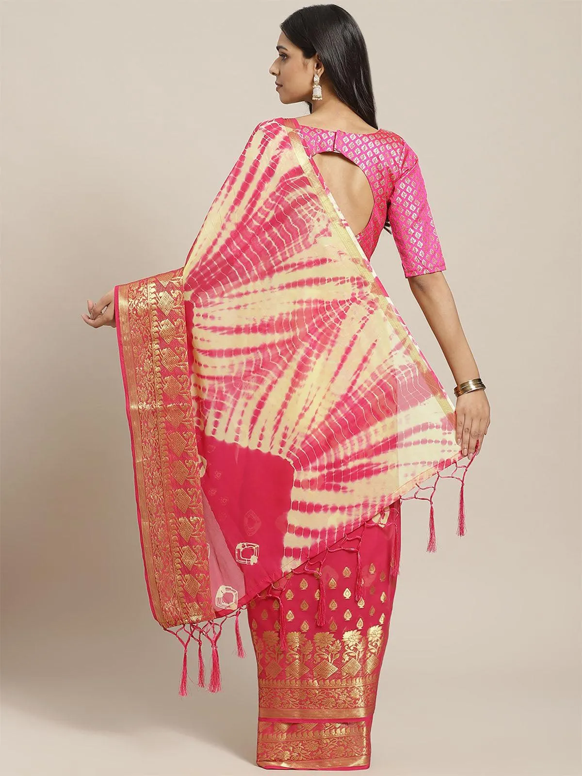 Odette Women Pink Festive Georgette Woven Saree With Unstitched Blouse