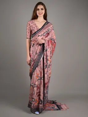 Odette Women Pink Silk Crepe Floral Printed Saree With Unstitched Blouse