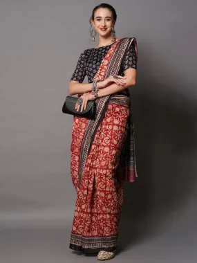 Odette Women Rust Festive Bhagalpuri Silk Printed Saree With Unstitched Blouse