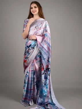 Odette Women White Silk Blend Digital Floral Print Saree With Unstitched Blouse