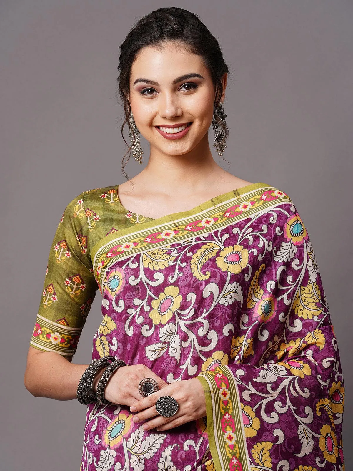 Odette Women Wine Festive Bhagalpuri Silk Printed Saree With Unstitched Blouse