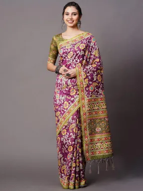 Odette Women Wine Festive Bhagalpuri Silk Printed Saree With Unstitched Blouse