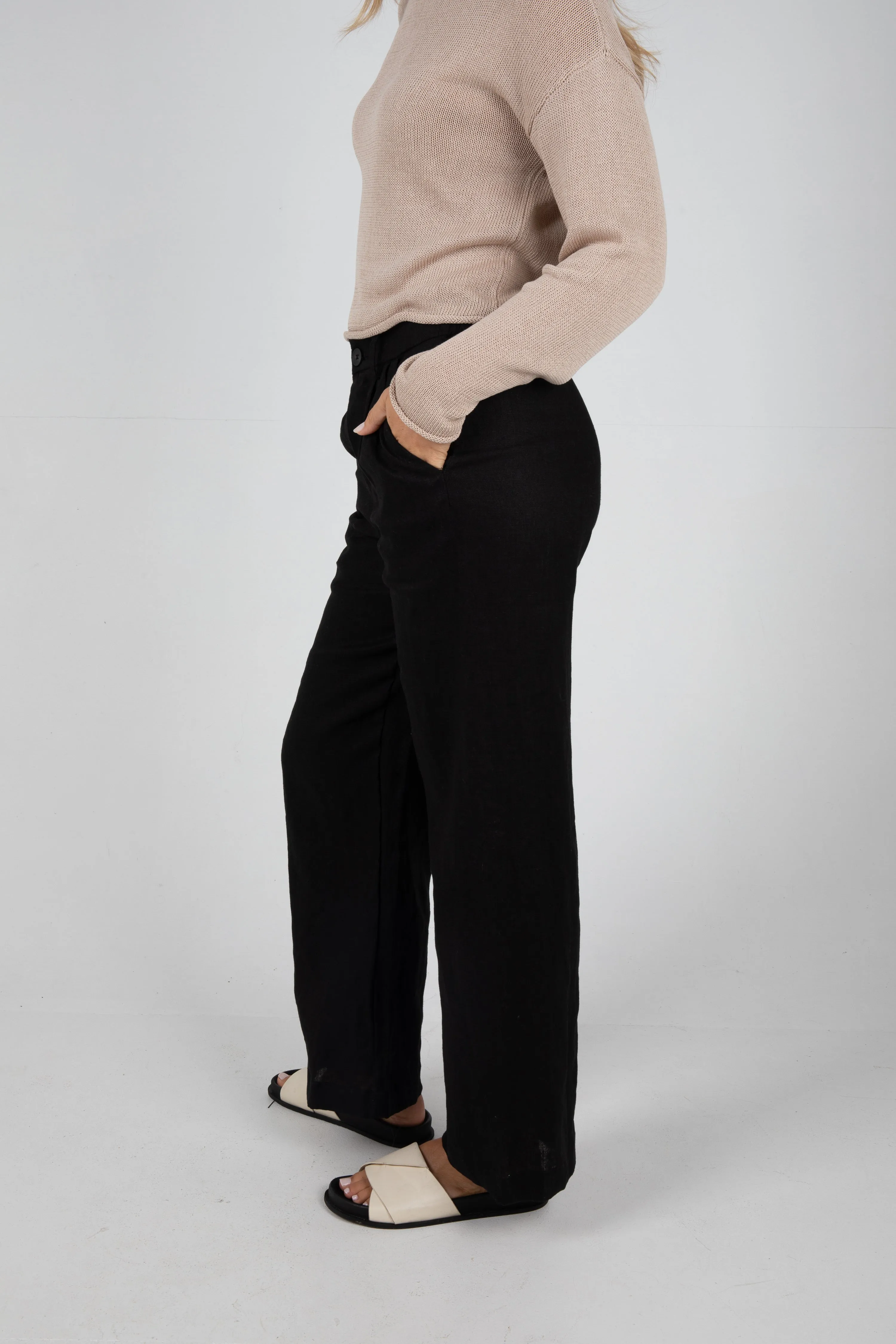 SAWYER WIDE LEG LINEN PANT - BLACK