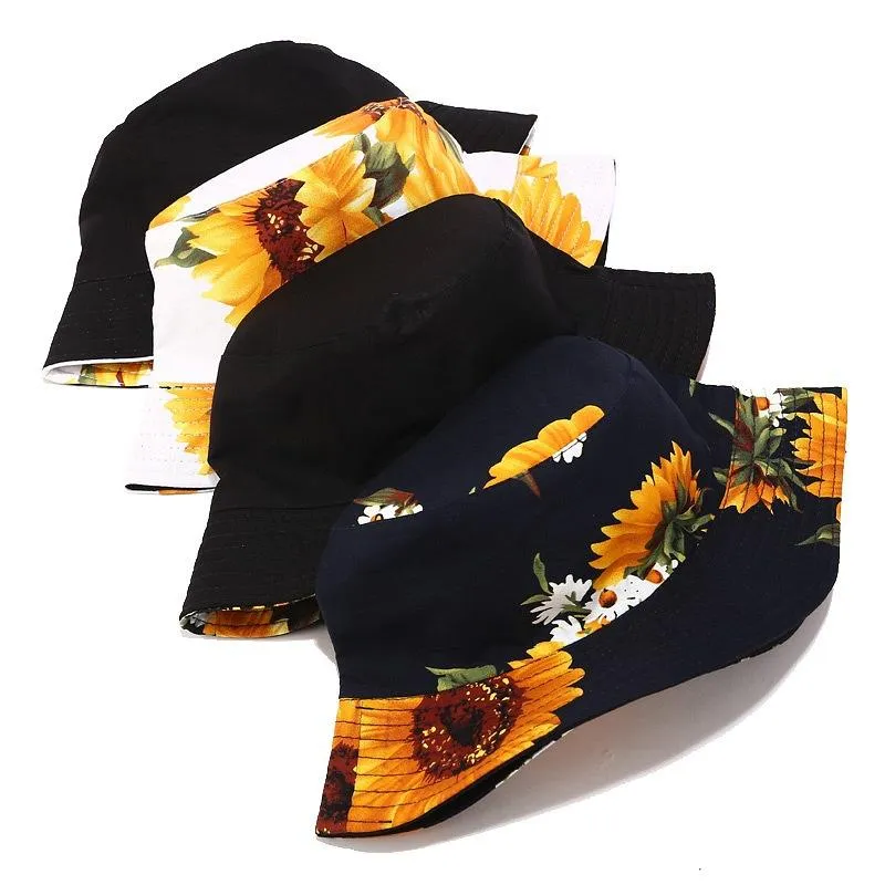 Summer Sunflower Bucket Hat Women Fashion Cotton Beach Sun Hats