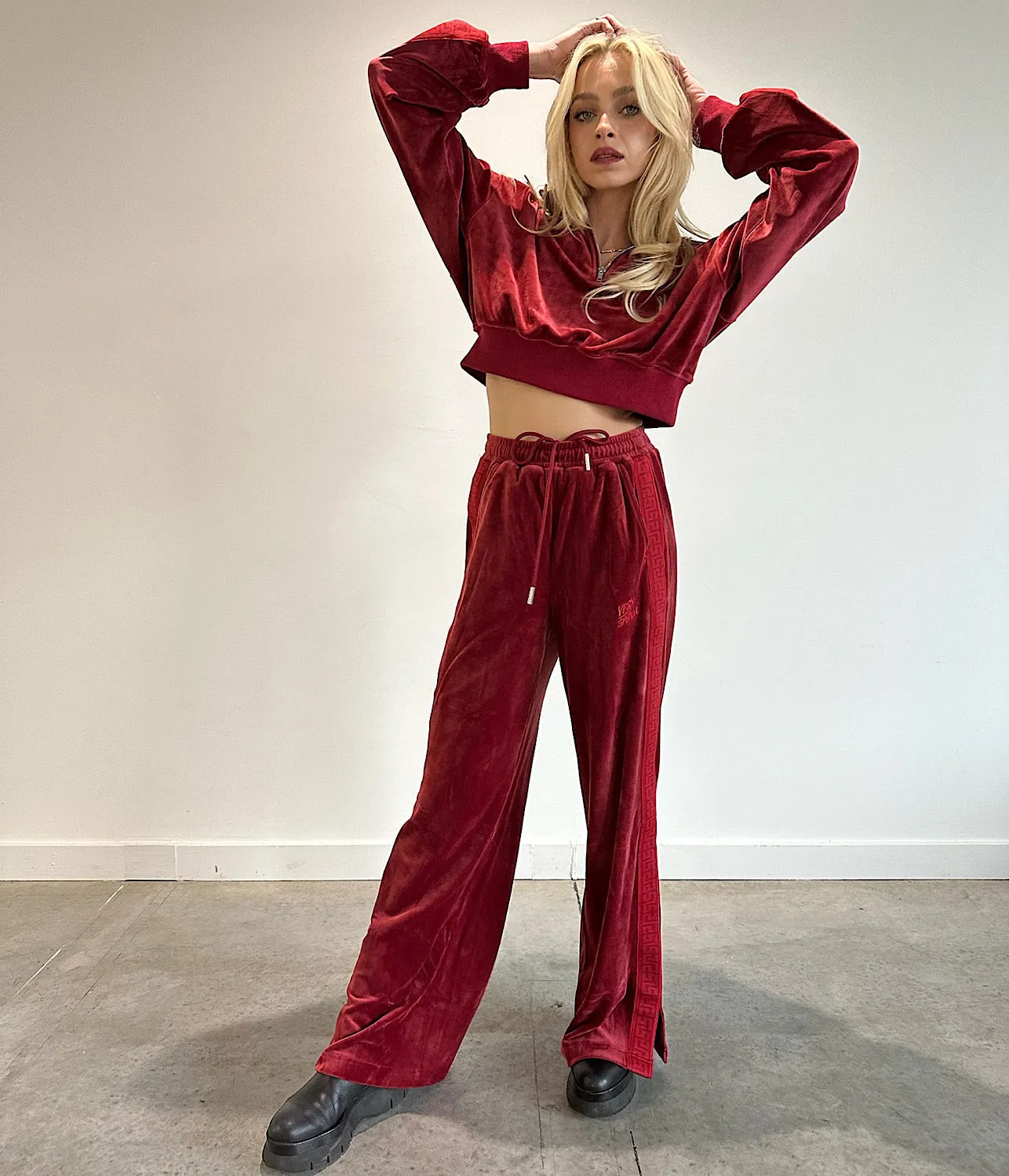 VELOUR WIDE LEG PANT- RED