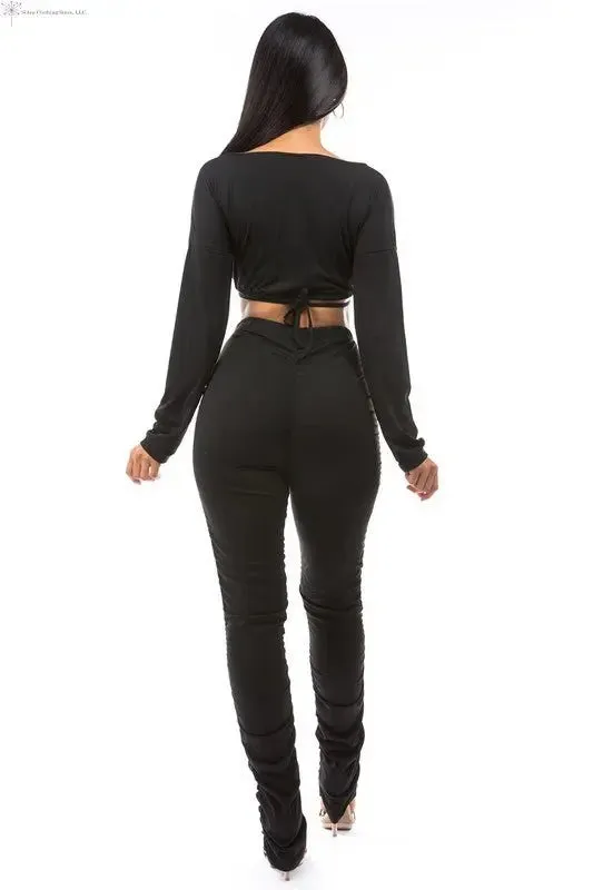 Women's Crop Top And Pants Set Black